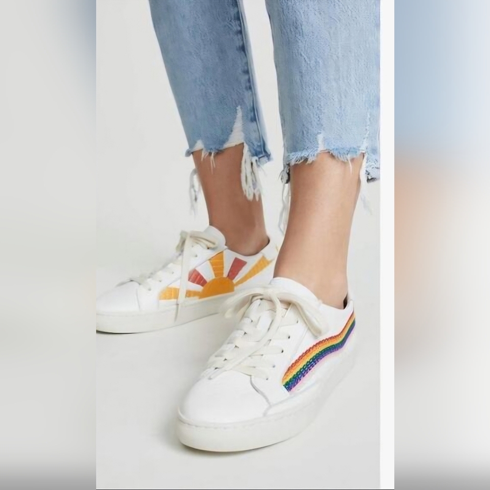 Soludos White Sneakers with Rainbow and Sun Design